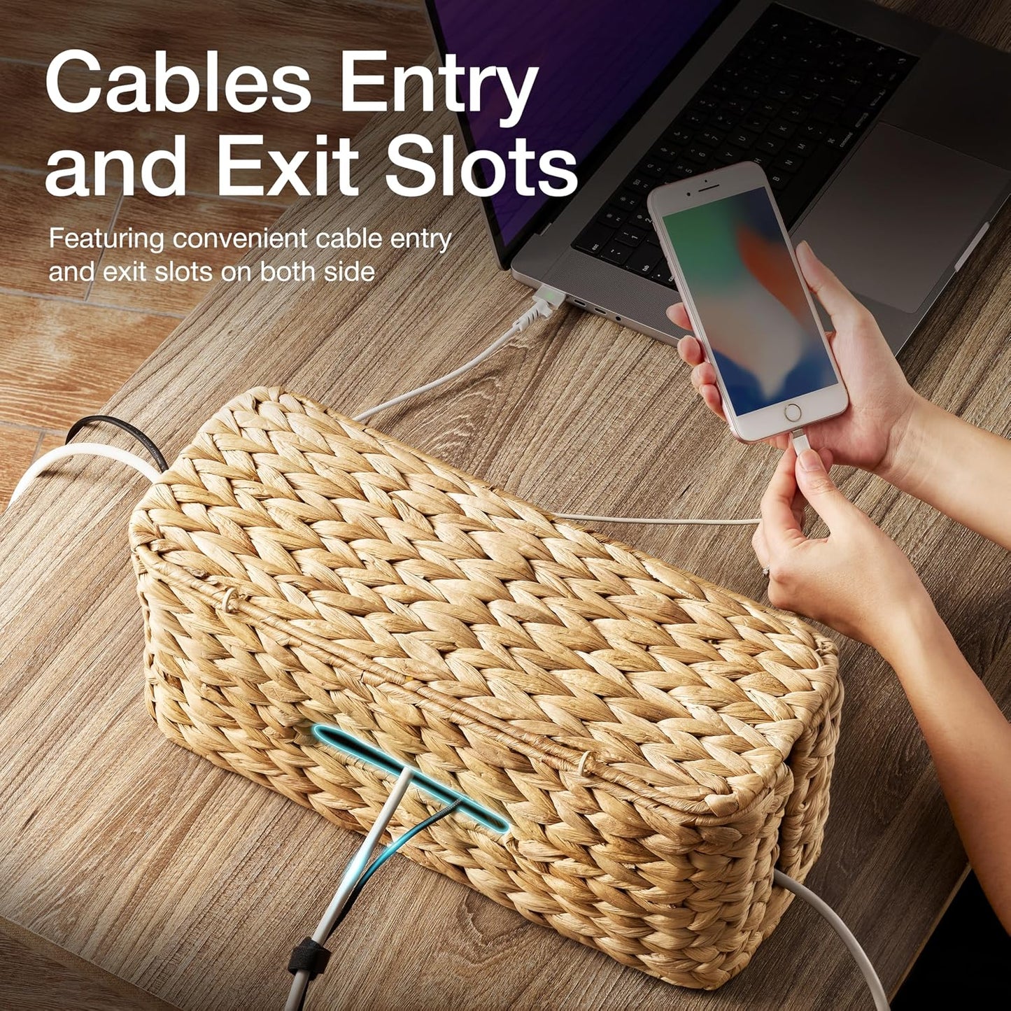 TIDITA 15" L Wicker Cable Management Box with Lid, Natural Water Hyacinth | 2 Cable Slots, Protective Lid, For Standard Power Strip, No Assembly Required Cable Organizer Box, Desk Cord Hider for Office