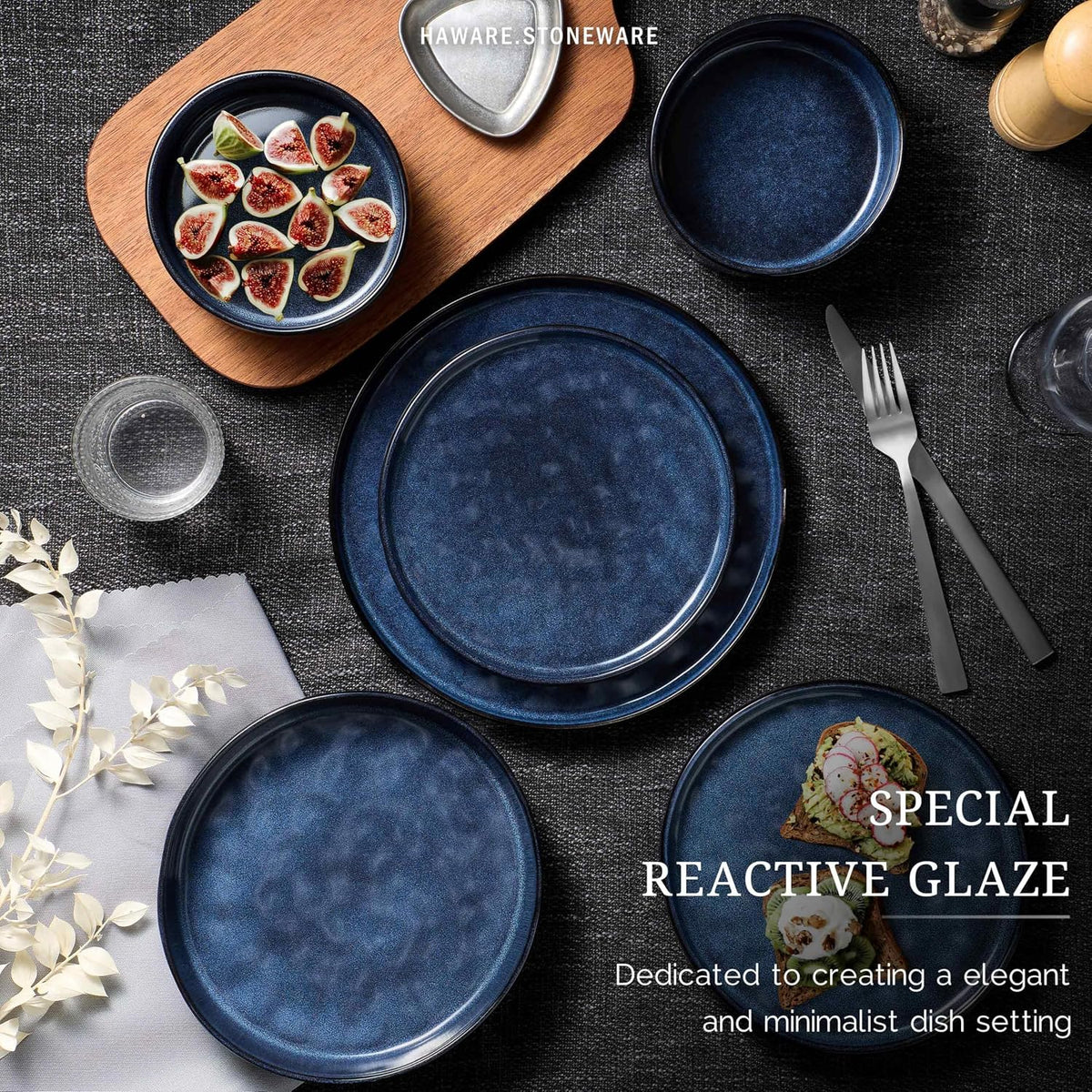 HaWare Dinnerware Sets, 18-Piece Plates and Bowls Set, Reactive Starry Blue