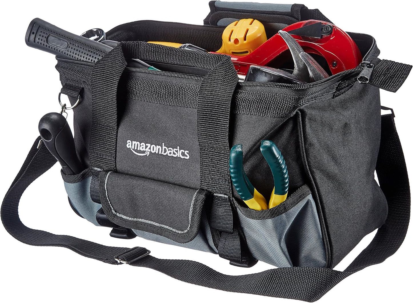 Amazon Basics Durable Wear-Resistant Tool Storage Bag with Adjustable Shoulder Strap, Portable Tool Organizer, 16 Pockets, 12 in, Black & Gray