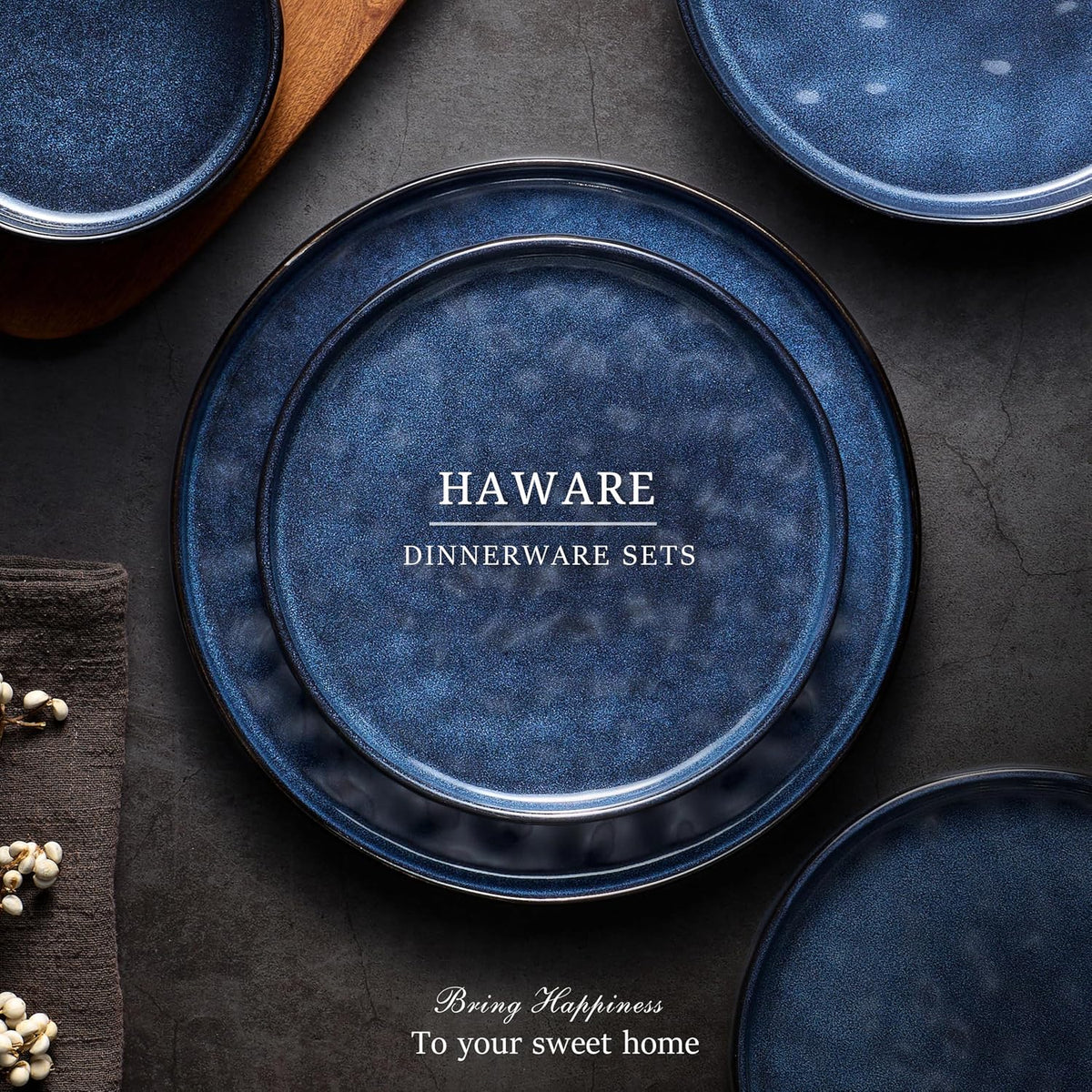 HaWare Dinnerware Sets, 18-Piece Plates and Bowls Set, Reactive Starry Blue