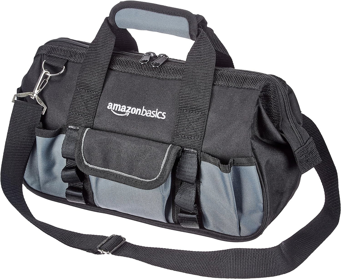Amazon Basics Durable Wear-Resistant Tool Storage Bag with Adjustable Shoulder Strap, Portable Tool Organizer, 16 Pockets, 12 in, Black & Gray