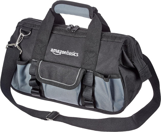 Amazon Basics Durable Wear-Resistant Tool Storage Bag with Adjustable Shoulder Strap, Portable Tool Organizer, 16 Pockets, 12 in, Black & Gray
