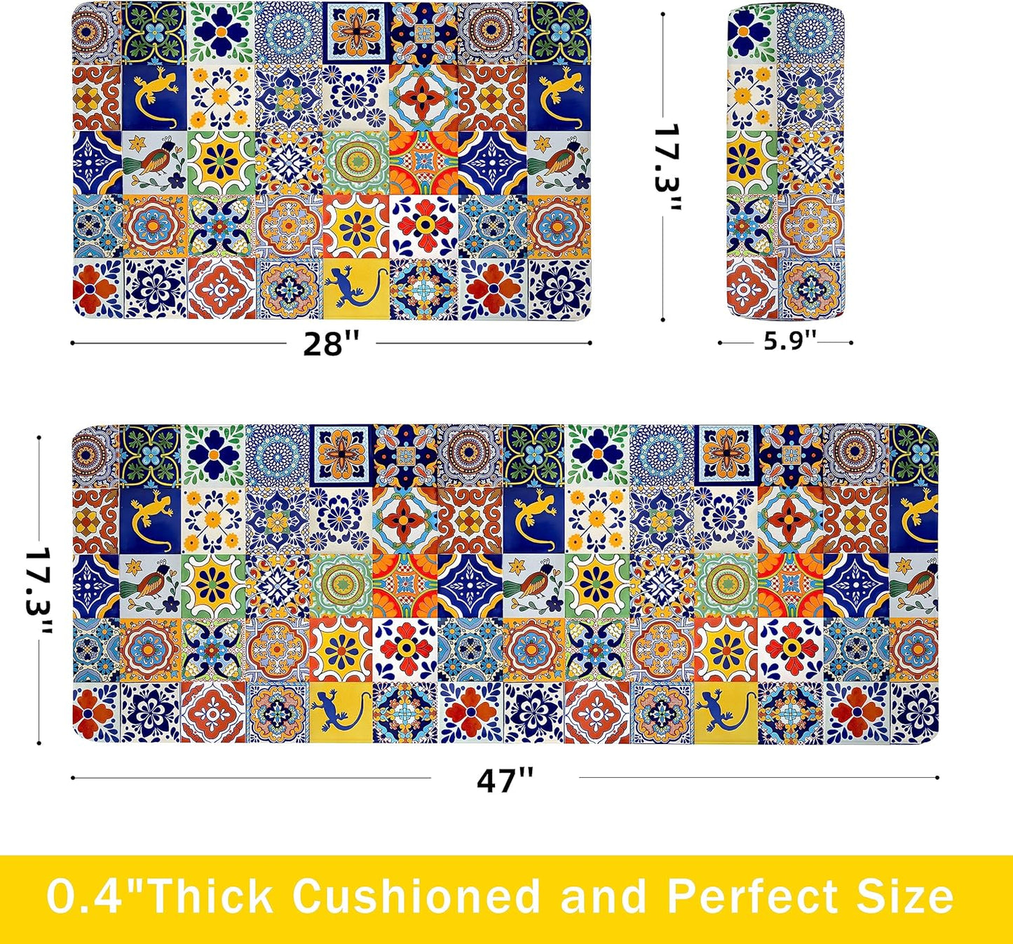 weesire Boho Kitchen Rugs Set 2 Pieces Memory Foam Colorful Ceramic Comfort Tile Floor Mat Anti Fatigue Non-Skid PVC Runner Rug Water & Oil Proof Carpet for Kitchen Laundry Sink,17.3x28+17.3x47 Inch