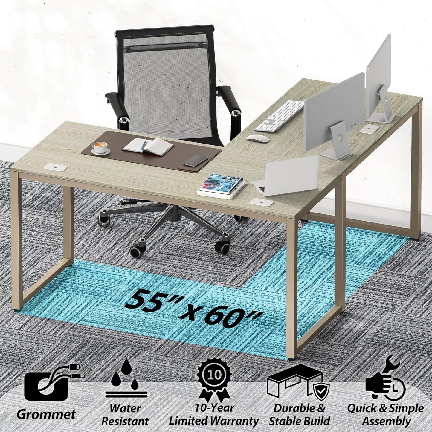 SHW 55 x 60 Inches Commercial-Grade L-Shape Corner Office Computer Desk, Maple