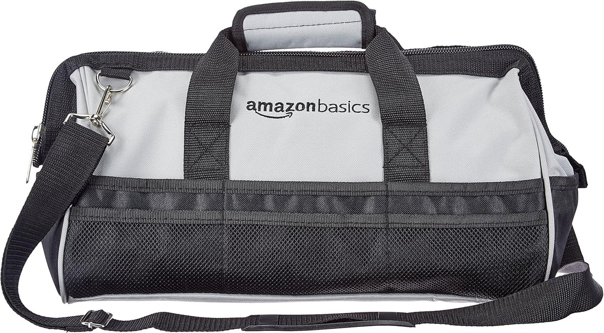 Amazon Basics Durable Wear-Resistant Tool Storage Bag with Adjustable Shoulder Strap, Portable Tool Organizer, 16 in, Black & Grey