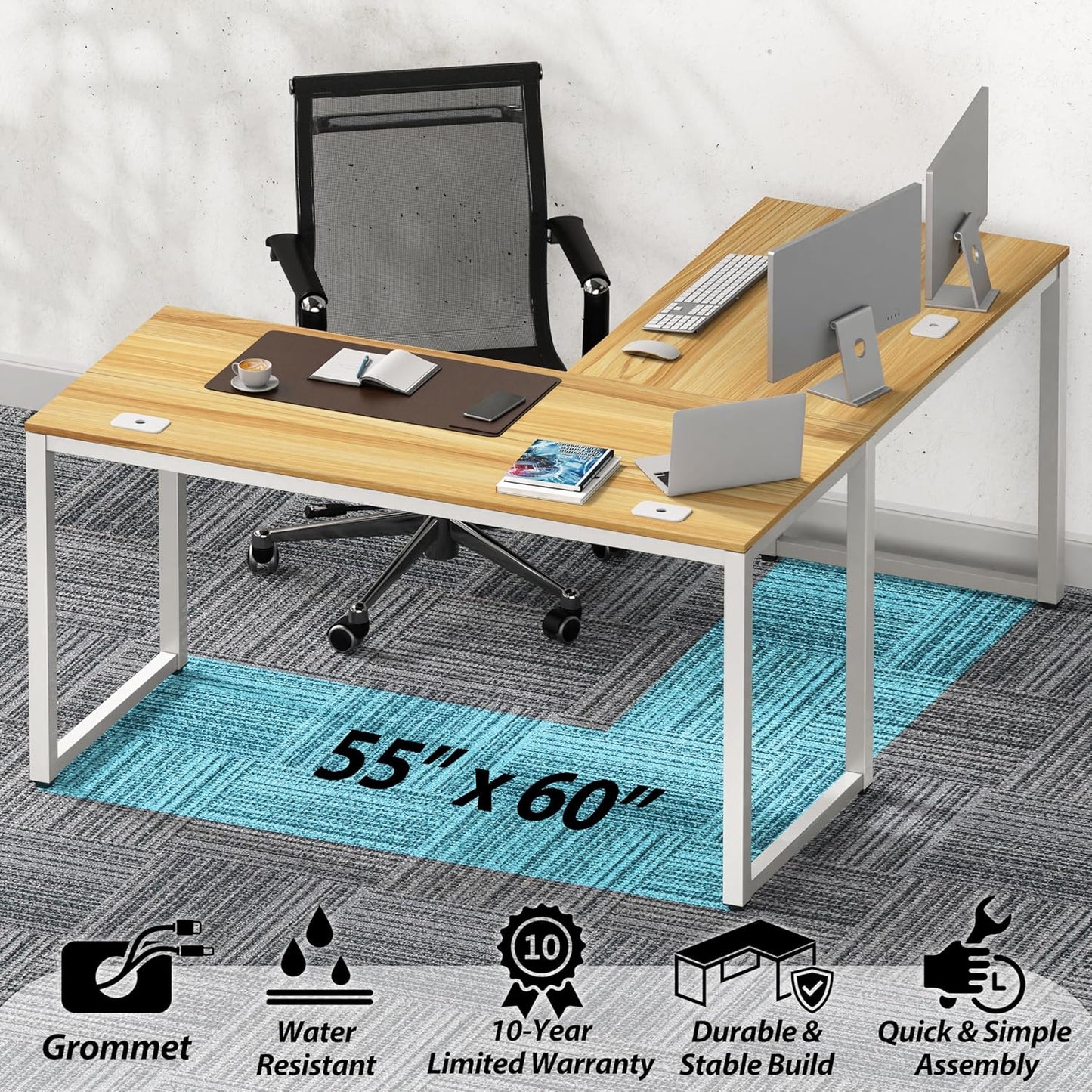 SHW 55 x 60 Inches Commercial-Grade L-Shape Corner Office Computer Desk, Oak
