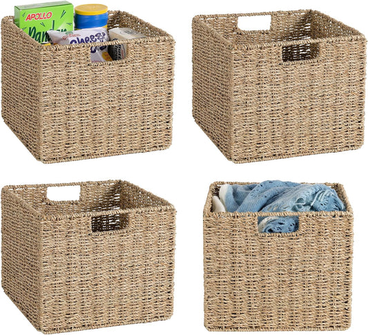 12x12x10in Seagrass Storage Baskets Set of 4, Large Wicker Storage Basket, Decorative Seagrass Shelf Basket, Pantry Baskets Organization,Folding Storage Cube Bins
