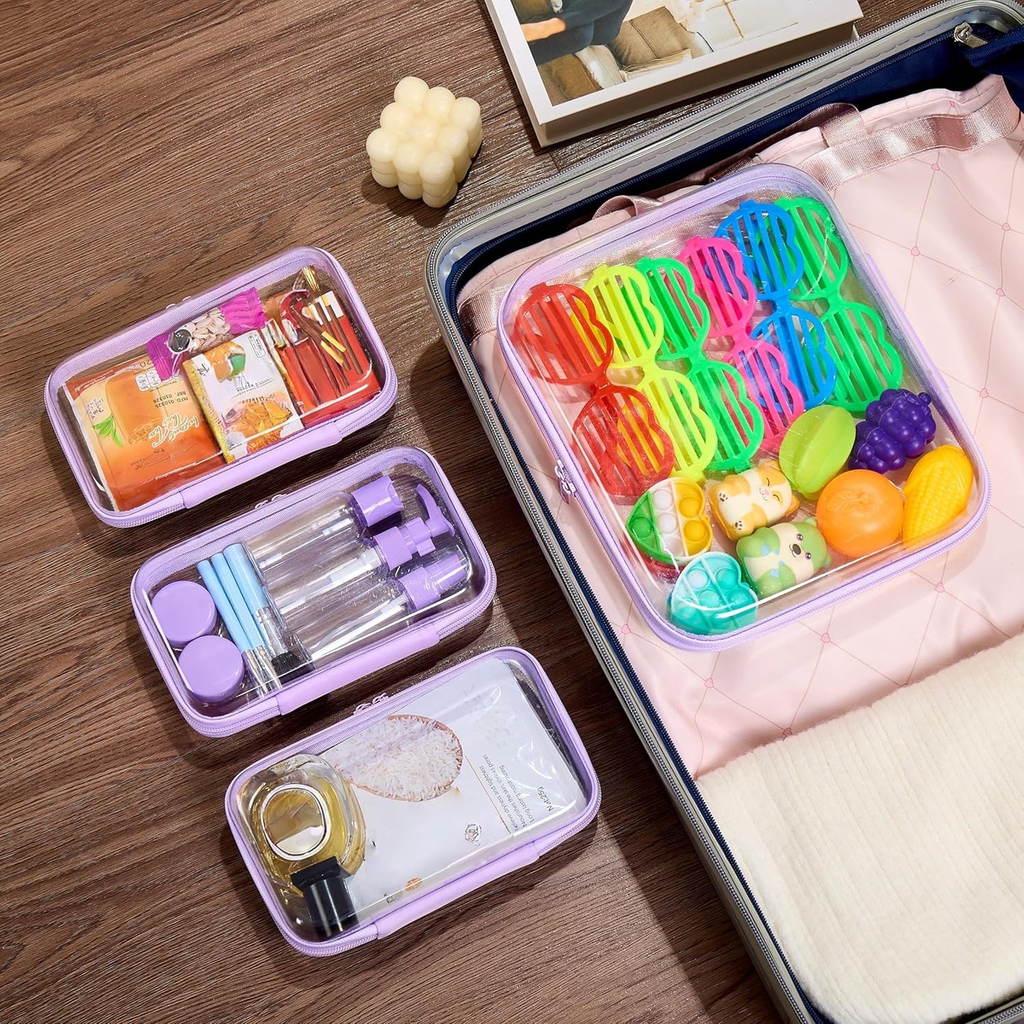 4 pcs Clear Zipper Pouches,Hard Shell Zipper Case, Toiletry Bag for Travel, CLear Diaper Bag, Toiletry Pouch, Travel Organizer, Cosmetic Bag,Toy Storage Bins (M+3S) (Lavender)