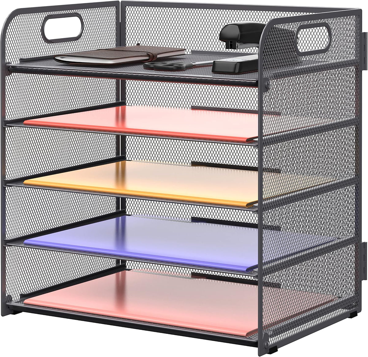 Supeasy 5 Trays Paper Organizer Letter Tray with Handle-Mesh Desk File Organizer, Paper Sorter Desk Organizer for Office, Home or School (Golden)