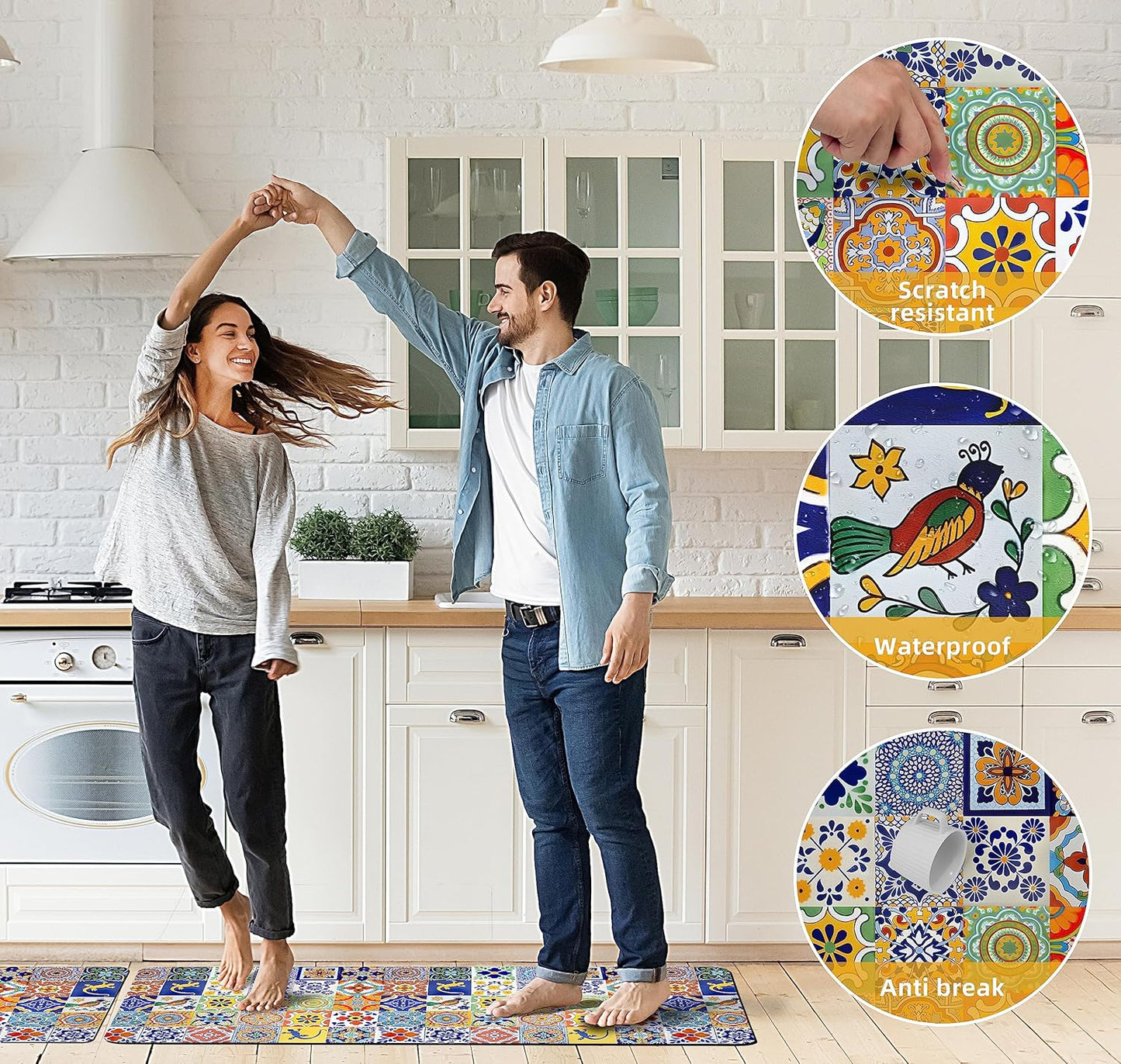 weesire Boho Kitchen Rugs Set 2 Pieces Memory Foam Colorful Ceramic Comfort Tile Floor Mat Anti Fatigue Non-Skid PVC Runner Rug Water & Oil Proof Carpet for Kitchen Laundry Sink,17.3x28+17.3x47 Inch