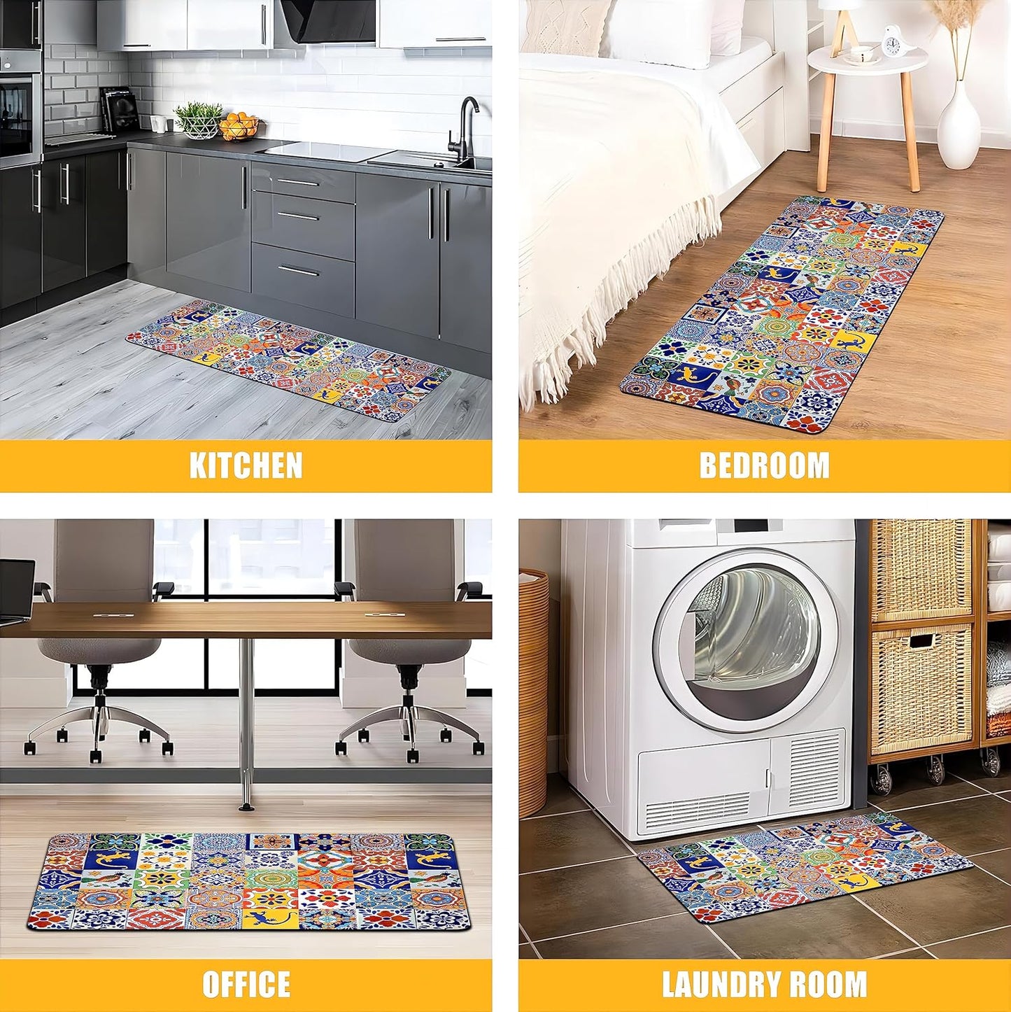 weesire Boho Kitchen Rugs Set 2 Pieces Memory Foam Colorful Ceramic Comfort Tile Floor Mat Anti Fatigue Non-Skid PVC Runner Rug Water & Oil Proof Carpet for Kitchen Laundry Sink,17.3x28+17.3x47 Inch